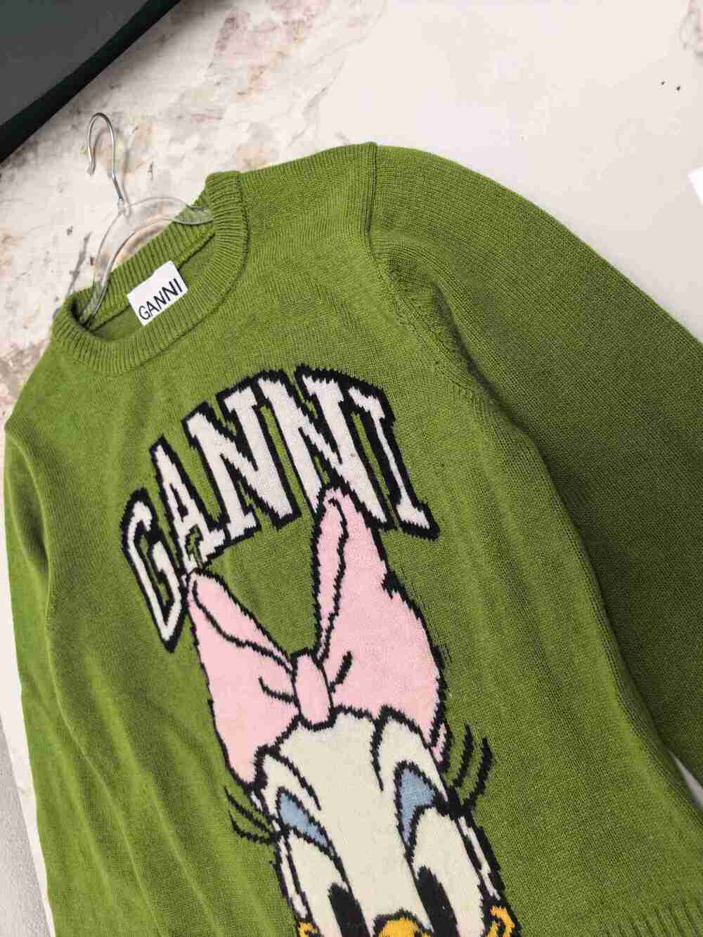 GANNI Crewneck Knitted Sweater Green Daisy Duck Cartoon Logo Cropped Top - Picture 6 of 6
